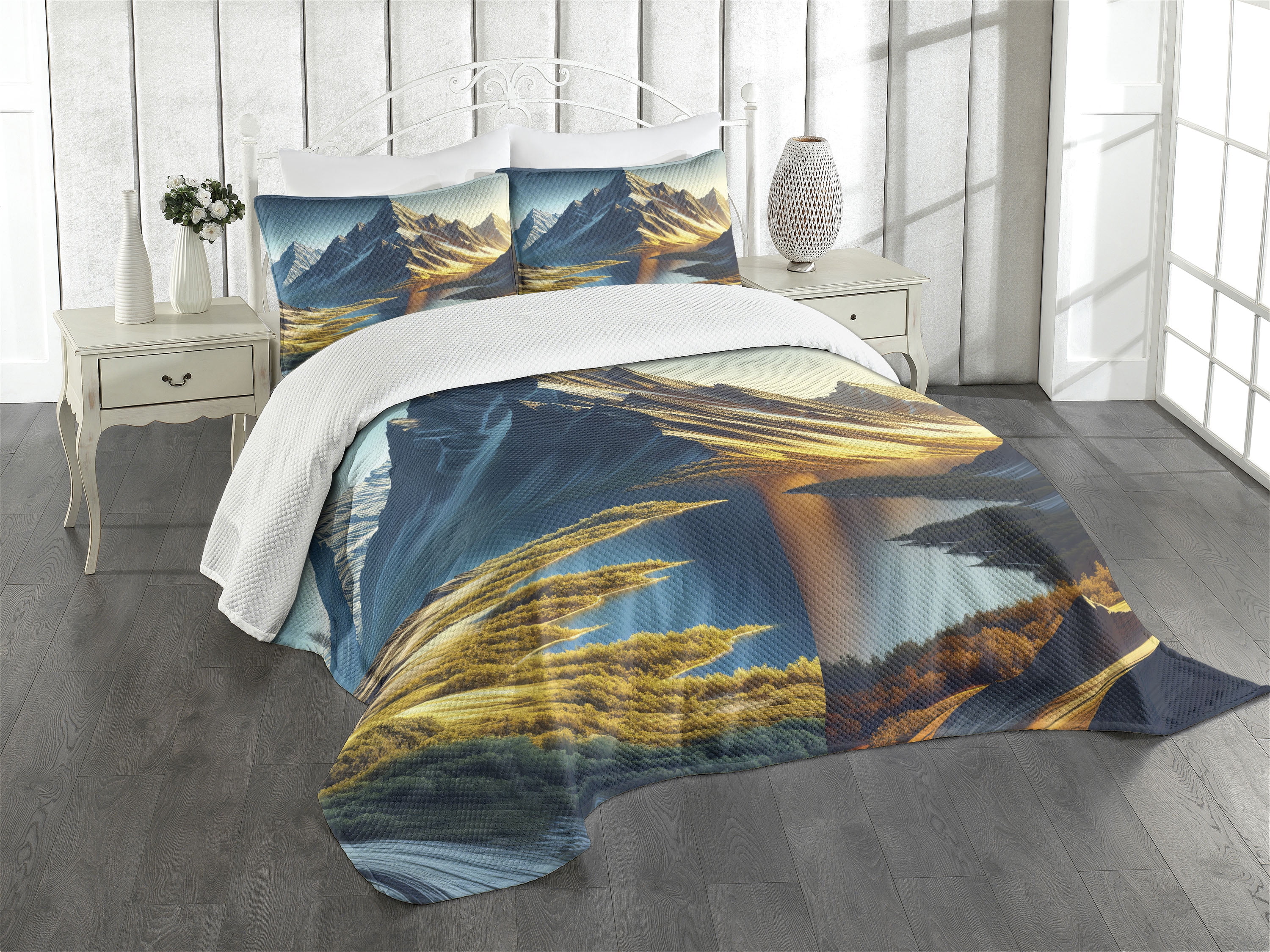 King Size Blue and Khaki Polyester Bedspread Set