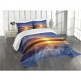 thumbnail image 1 of Ambesonne Lake Quilted Bedspread Set 3 Pcs, Dreamy Sunset Scenery, King Size, Blue Pale Orange Yellow, 1 of 5