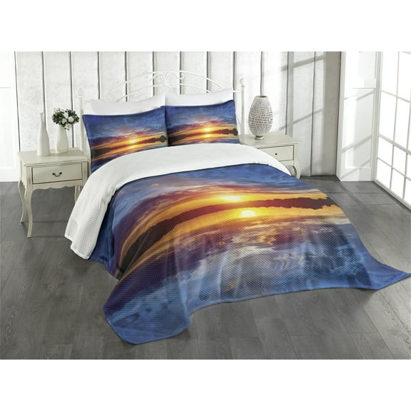 Ambesonne Lake Quilted Bedspread Set 3 Pcs, Dreamy Sunset Scenery, King Size, Blue Pale Orange Yellow