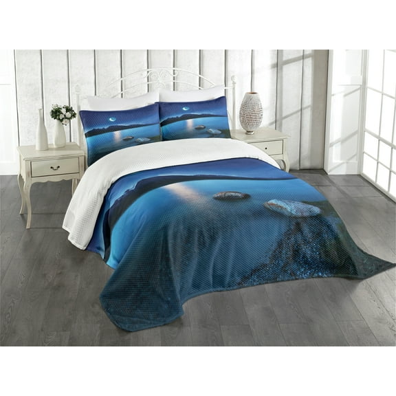 Ambesonne Lake Quilted Bedspread Set 3 Pcs, Fantasy Midnight Moon, Queen Size, Blue Grey Green