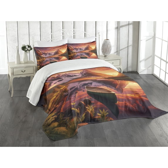 Ambesonne Lake Quilted Bedspread Set 3 Pcs, Lonely Boat Mountain Landscape, King Size, Olive Green and Burnt Sienna