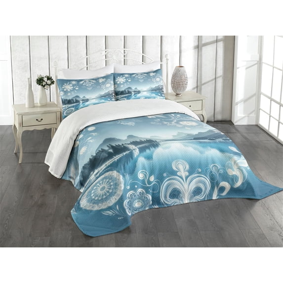 Ambesonne Lake Quilted Bedspread Set 3 Pcs, Mountain Scenery Folk Wreath, King Size, Slate Blue Sky Blue