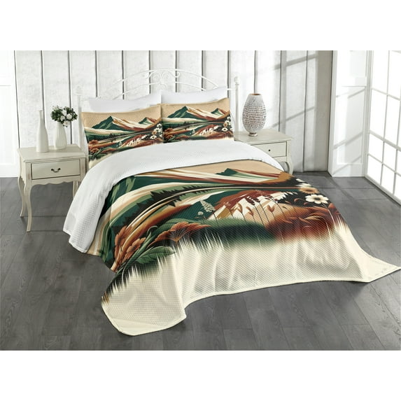 Ambesonne Lake Quilted Bedspread Set 3 Pcs, Peaceful Meadow Scene Woods, Queen Size, Hunter Green Pale Redwood