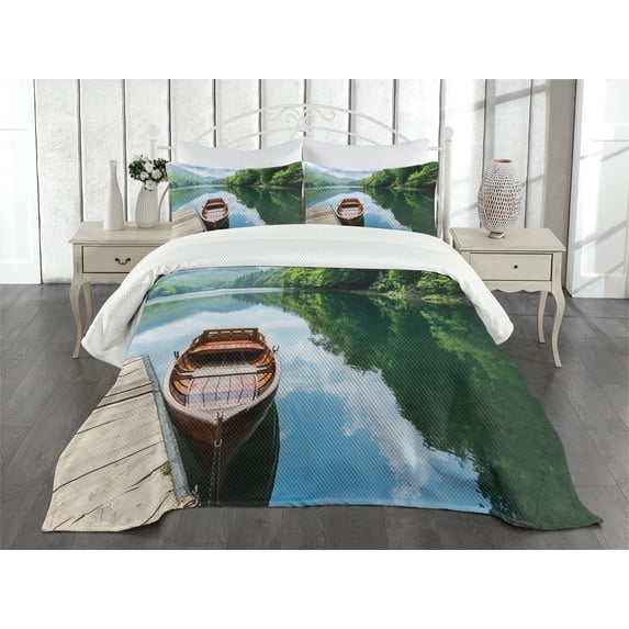 Ambesonne Lake Quilted Bedspread Set 3 Pcs, Wooden Boat Biograd Pier, King Size, Green Brown Pale Blue