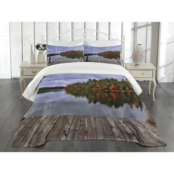 Ambesonne Lake Quilted Bedspread Set 3 Pcs, Wooden Dock Fall Splendor, King Size, Multicolor