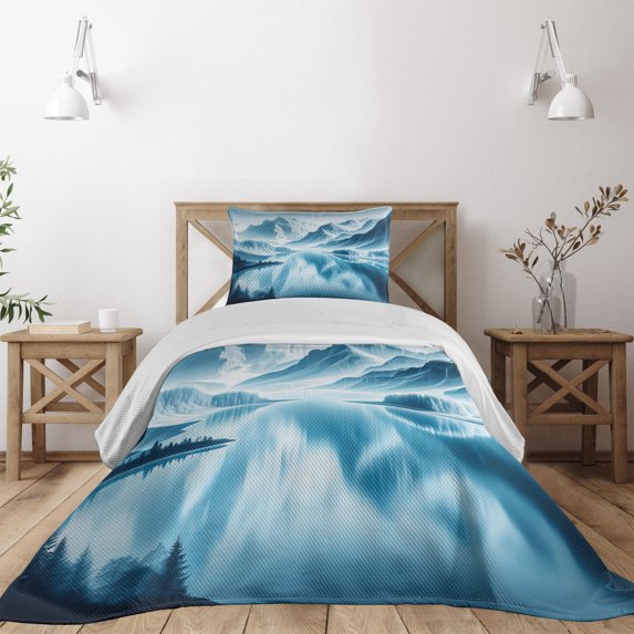 Ambesonne Lake Quilted Coverlet 2 Pcs, Cold Mountain Peaks Icy Water, Twin Size, Pale Blue Petrol Blue