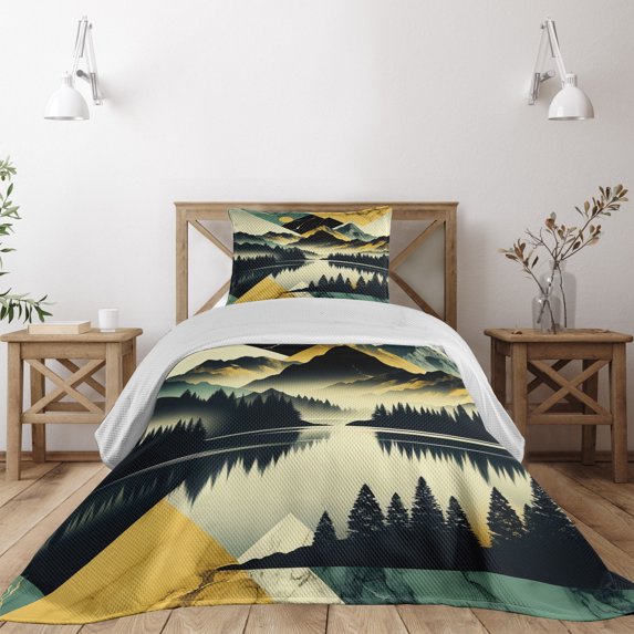 Ambesonne Lake Quilted Coverlet 2 Pcs, Dark Woods Mountains Modern, Twin Size, Dark Green Teal Khaki