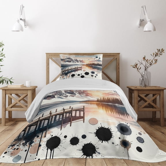 Ambesonne Lake Quilted Coverlet 2 Pcs, Mountain and Paint Splatter, Twin Size, Peach and Pale Slate Blue