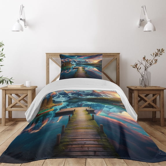 Ambesonne Lake Quilted Coverlet 2 Pcs, Wooden Pier Dramatic Night, Twin Size, Coral Dark Turquoise