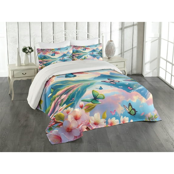 Ambesonne Lake Quilted Coverlet 3 Pcs, Butterflies Cherry Blossoms, King Size, Pink Sky Blue Green