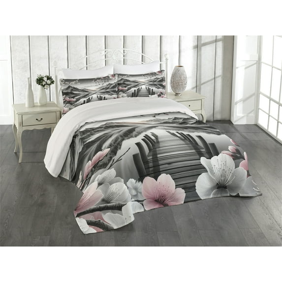 Ambesonne Lake Quilted Coverlet 3 Pcs, Cherry Blossoms and Mountains, Queen Size, Grey and Blush
