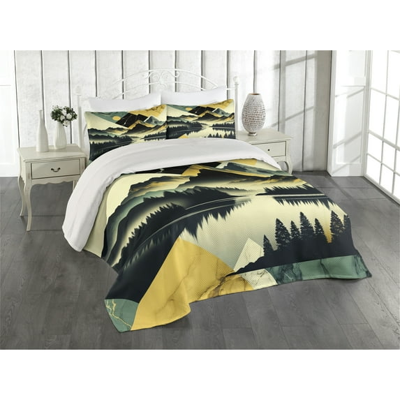 Ambesonne Lake Quilted Coverlet 3 Pcs, Dark Woods Mountains Modern, Queen Size, Dark Green Teal Khaki