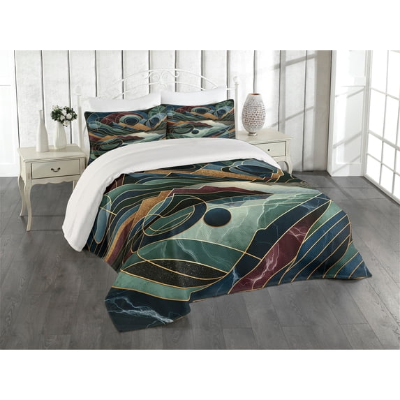 Ambesonne Lake Quilted Coverlet 3 Pcs, Fibonacci Details Mountains, Queen Size, Raspberry Pale Teal Blue