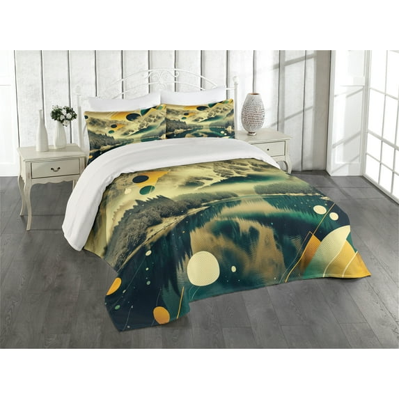 Ambesonne Lake Quilted Coverlet 3 Pcs, Misty Lake Scenery Dark Woods, Queen Size, Emerald Pale Green Amber