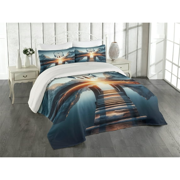 Ambesonne Lake Quilted Coverlet 3 Pcs, Sunset Horizon Dreamcatcher, King Size, Slate Blue Orange