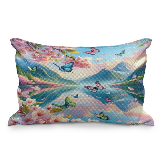 Ambesonne Lake Quilted Pillowcover, Butterflies Cherry Blossoms, 30" x 20", Pink Sky Blue Green