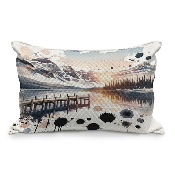Ambesonne Lake Quilted Pillowcover, Mountain and Paint Splatter, 30" x 20", Peach and Pale Slate Blue
