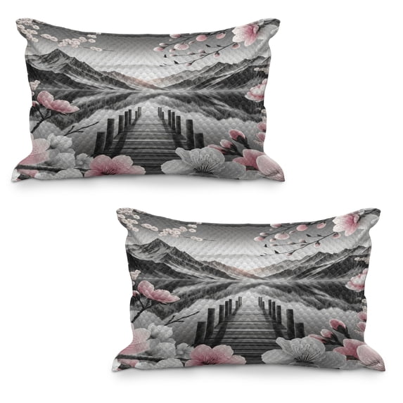 Ambesonne Lake Quilted Pillowcover Set of 2, Cherry Blossoms and Mountains, 36" x 20", Grey and Blush