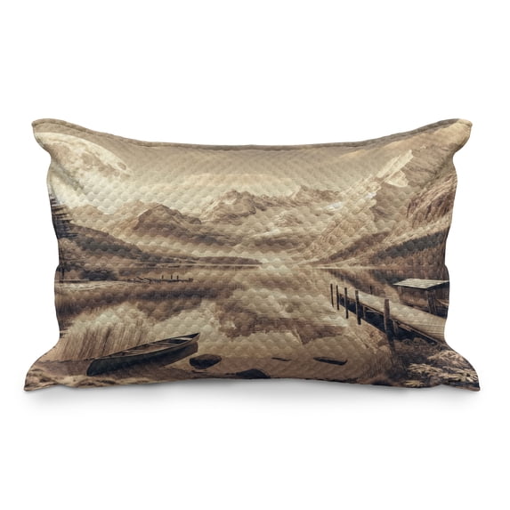 Ambesonne Lake Quilted Pillowcover, Snowy Mountains Sepia Effect, 36" x 20", Grey Yellow Warm Taupe