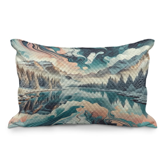 Ambesonne Lake Quilted Pillowcover, Woodland Mountain Print Cloudy, 36" x 20", Cadet Blue Peach Teal