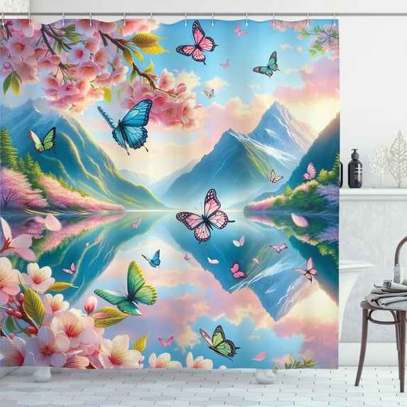 Ambesonne Lake Shower Curtain, Butterflies Cherry Blossoms, 69"Wx70"L, Pink Sky Blue Green