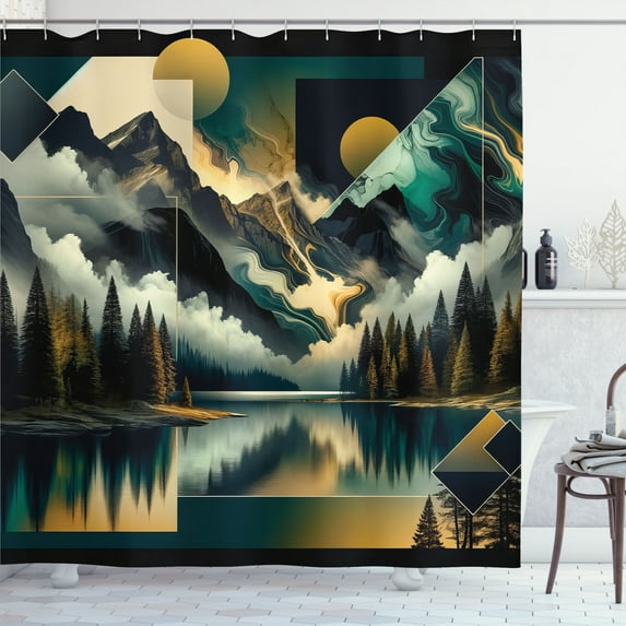 Ambesonne Lake Shower Curtain, Clouds Mountains Geometric Art, 69"Wx75"L, Teal Earth Yellow Grey