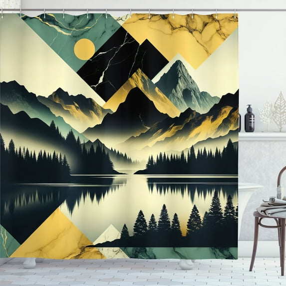Ambesonne Lake Shower Curtain, Dark Woods Mountains Modern, 69"Wx70"L, Dark Green Teal Khaki