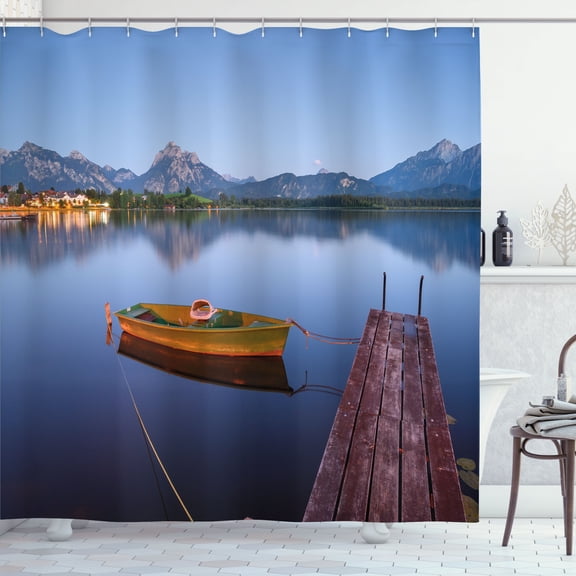 Ambesonne Lake Shower Curtain, Jetty With Rowing Boat Print, 69"Wx70"L, Dark Ceil Blue and Chocolate
