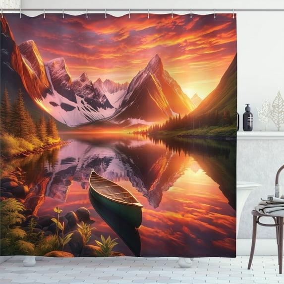 Ambesonne Lake Shower Curtain, Lonely Boat Mountain Landscape, 69"Wx84"L, Olive Green and Burnt Sienna