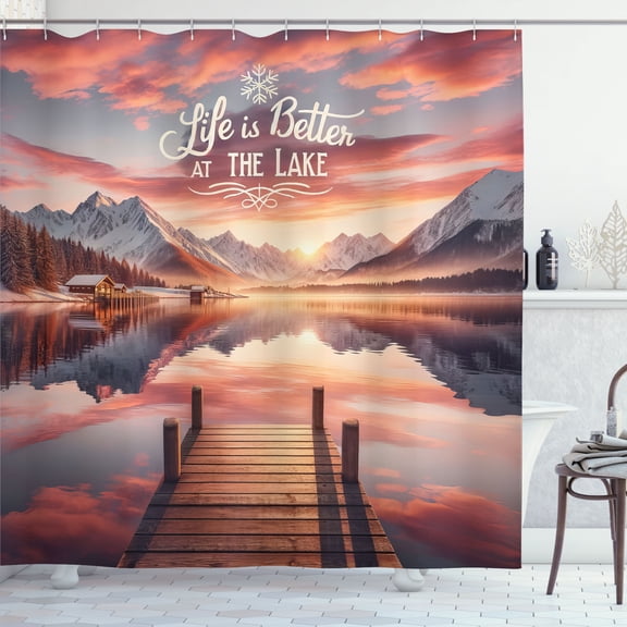 Ambesonne Lake Shower Curtain, Mesmerizing Sunset Mountains, 69"Wx70"L, Salmon Purple Grey