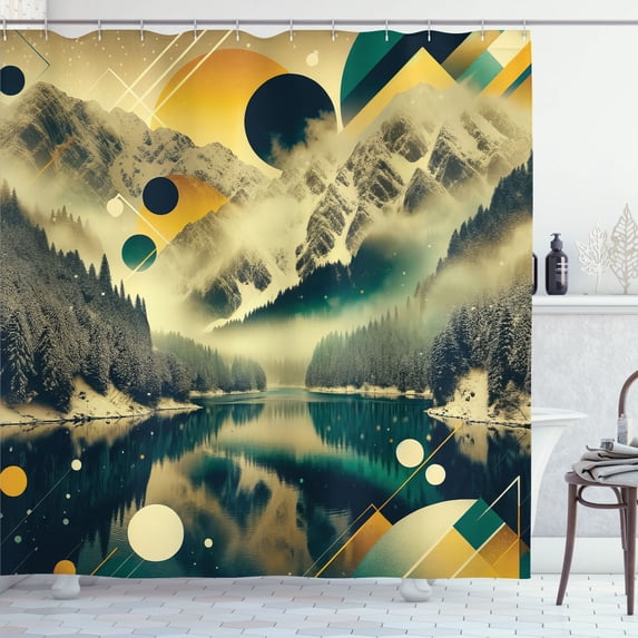Ambesonne Lake Shower Curtain, Misty Lake Scenery Dark Woods, 69"Wx70"L, Emerald Pale Green Amber