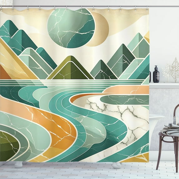Ambesonne Lake Shower Curtain, Mountain Minimal Marble Print, 69"Wx75"L, Amber and Seafoam