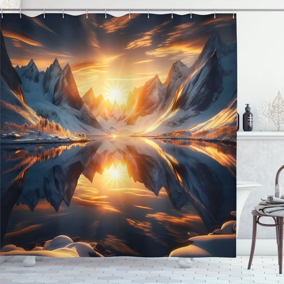 Ambesonne Lake Shower Curtain, Reflection Snowy Mountain Dawn, 69"Wx84"L, Orange and Dark Blue