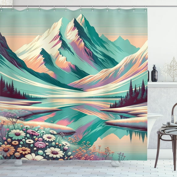 Ambesonne Lake Shower Curtain, Snowy Mountain Dreamland Print, 69"Wx75"L, Seafoam Coral Plum