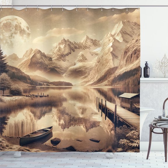 Ambesonne Lake Shower Curtain, Snowy Mountains Sepia Effect, 69"Wx70"L, Grey Yellow Warm Taupe