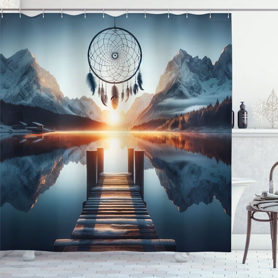 Ambesonne Lake Shower Curtain, Sunset Horizon Dreamcatcher, 69"Wx70"L, Slate Blue Orange
