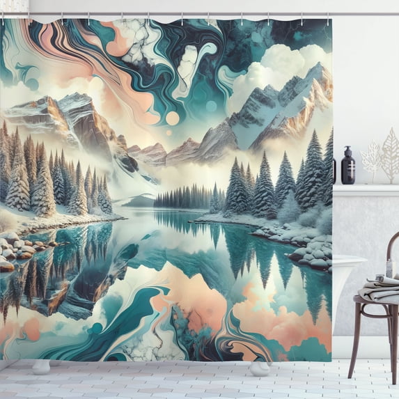 Ambesonne Lake Shower Curtain, Woodland Mountain Print Cloudy, 69"Wx84"L, Cadet Blue Peach Teal