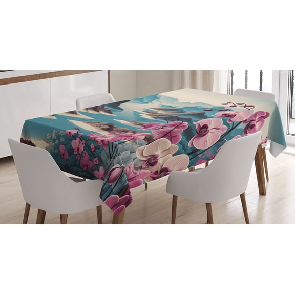 Ambesonne Lake Tablecloth Rectangular Table Cover, Orchids Earthy Cliff Mountains, 60"x90", Pale Purple and Sea Blue