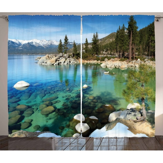 Ambesonne Lake Tahoe Curtains 2 Panel Set, Summer Lake Photo, 108" x 84", Multicolor