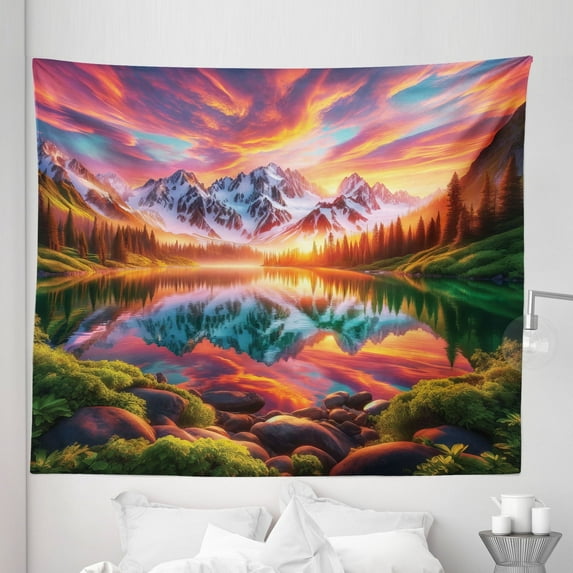 Ambesonne Lake Tapestry King Size, Colorful Mesmerizing Scenery, 104"x88", Burnt Sienna Green Teal