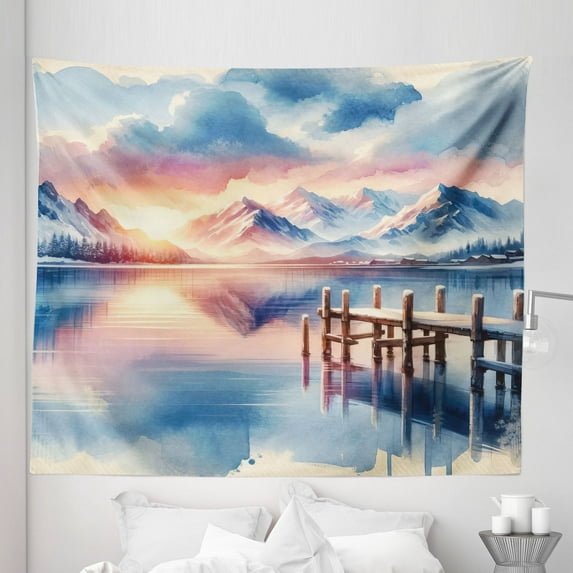 Ambesonne Lake Tapestry King Size, Pastel Sunset Serene Pier View, 104"x88", Peach Blush Ceil Blue