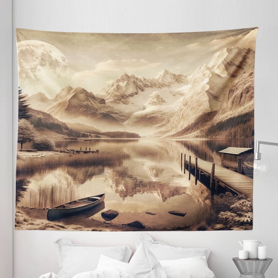 Ambesonne Lake Tapestry King Size, Snowy Mountains Sepia Effect, 104"x88", Grey Yellow Warm Taupe