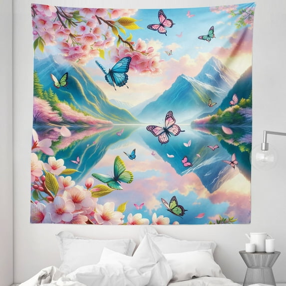 Ambesonne Lake Tapestry Queen Size, Butterflies Cherry Blossoms, 88"x88", Pink Sky Blue Green