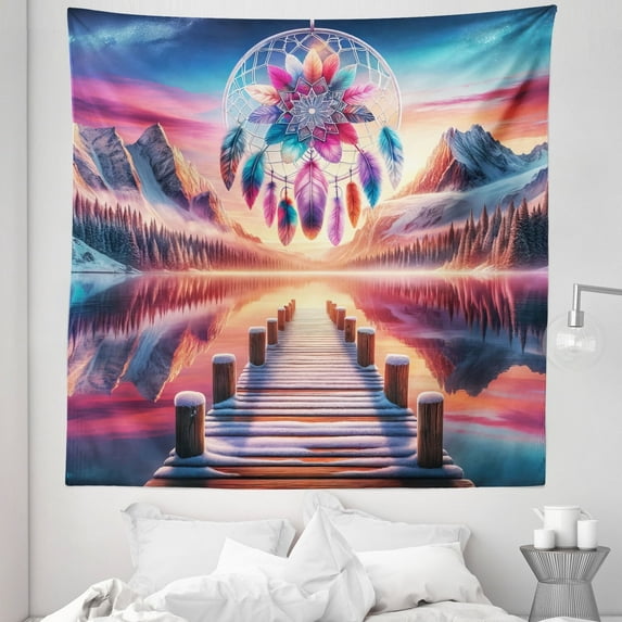 Ambesonne Lake Tapestry Queen Size, Pure Wild Mountains Feathers, 88"x88", Pink Peach and Teal