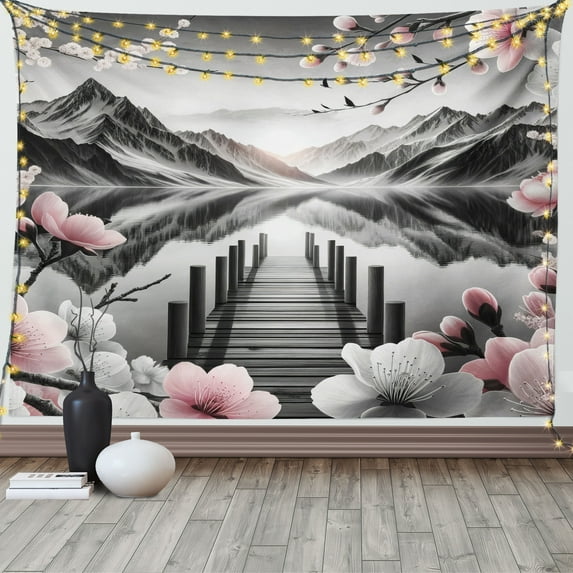 Ambesonne Lake Tapestry Wall Hanging, Cherry Blossoms and Mountains, 80"x60", Grey and Blush