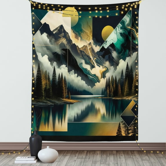 Ambesonne Lake Tapestry Wall Hanging, Clouds Mountains Geometric Art, 40"x60", Teal Earth Yellow Grey