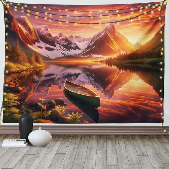 Ambesonne Lake Tapestry Wall Hanging, Lonely Boat Mountain Landscape, 80"x60", Olive Green and Burnt Sienna