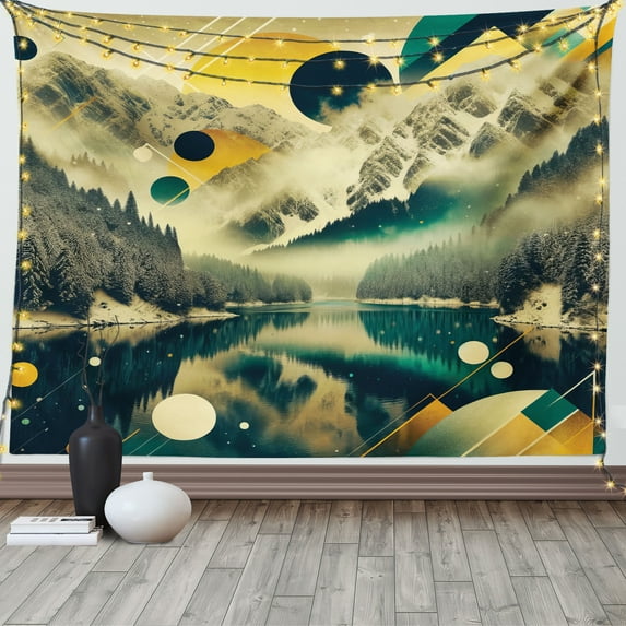 Ambesonne Lake Tapestry Wall Hanging, Misty Lake Scenery Dark Woods, 80"x60", Emerald Pale Green Amber