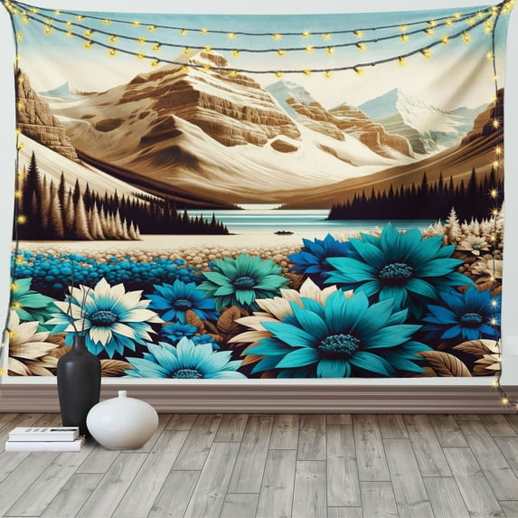 Ambesonne Lake Tapestry Wall Hanging, Mountain Scene Icy Tone Floral, 80"x60", Pale Blue Pastel Brown
