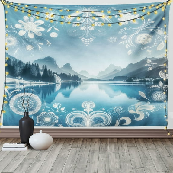 Ambesonne Lake Tapestry Wall Hanging, Mountain Scenery Folk Wreath, 80"x60", Slate Blue Sky Blue